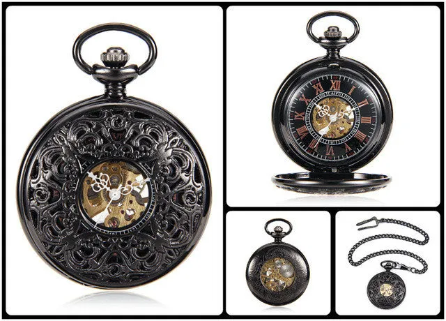 Steampunk Skeleton Male Clock Transparent Mechanical Black See Though Face Retro Ver Vintage Pendant Pocket Watch Gift