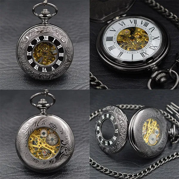 Steampunk Skeleton Male Clock Transparent Mechanical Black See Though Face Retro Ver Vintage Pendant Pocket Watch Gift