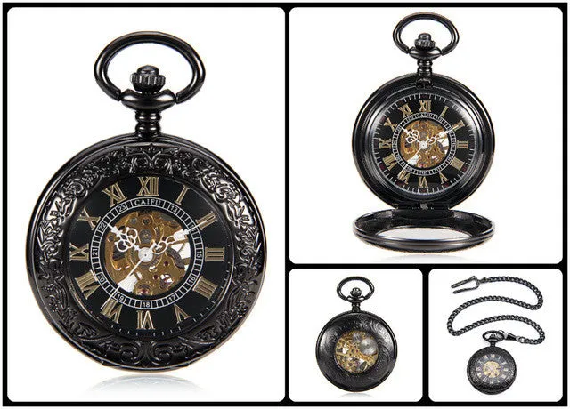 Steampunk Skeleton Male Clock Transparent Mechanical Black See Though Face Retro Ver Vintage Pendant Pocket Watch Gift