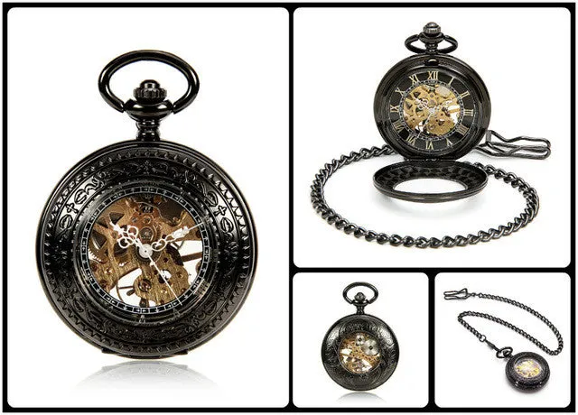 Steampunk Skeleton Male Clock Transparent Mechanical Black See Though Face Retro Ver Vintage Pendant Pocket Watch Gift