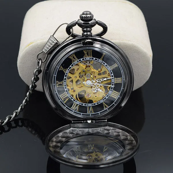 Steampunk Skeleton Male Clock Transparent Mechanical Black See Though Face Retro Ver Vintage Pendant Pocket Watch Gift