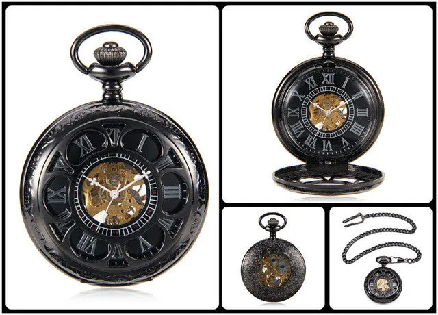 Steampunk Skeleton Male Clock Transparent Mechanical Black See Though Face Retro Ver Vintage Pendant Pocket Watch Gift