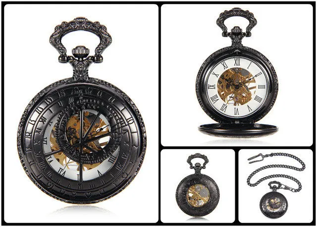 Steampunk Skeleton Male Clock Transparent Mechanical Black See Though Face Retro Ver Vintage Pendant Pocket Watch Gift