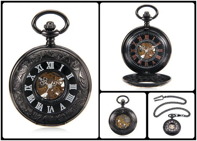 Steampunk Skeleton Male Clock Transparent Mechanical Black See Though Face Retro Ver Vintage Pendant Pocket Watch Gift