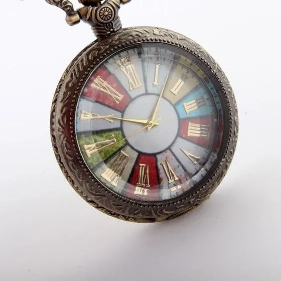 Steampunk Unisex Bronze Colorful Wheel Rome Analog Pocket FOB Watch