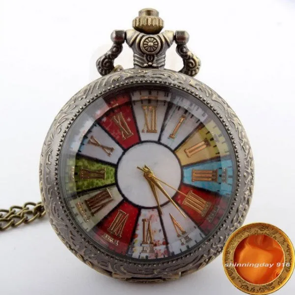 Steampunk Unisex Bronze Colorful Wheel Rome Analog Pocket FOB Watch