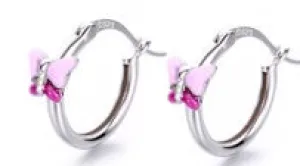 Sterling Silver Pink Lab Opal Butterfly Huggie Hoop Earrings