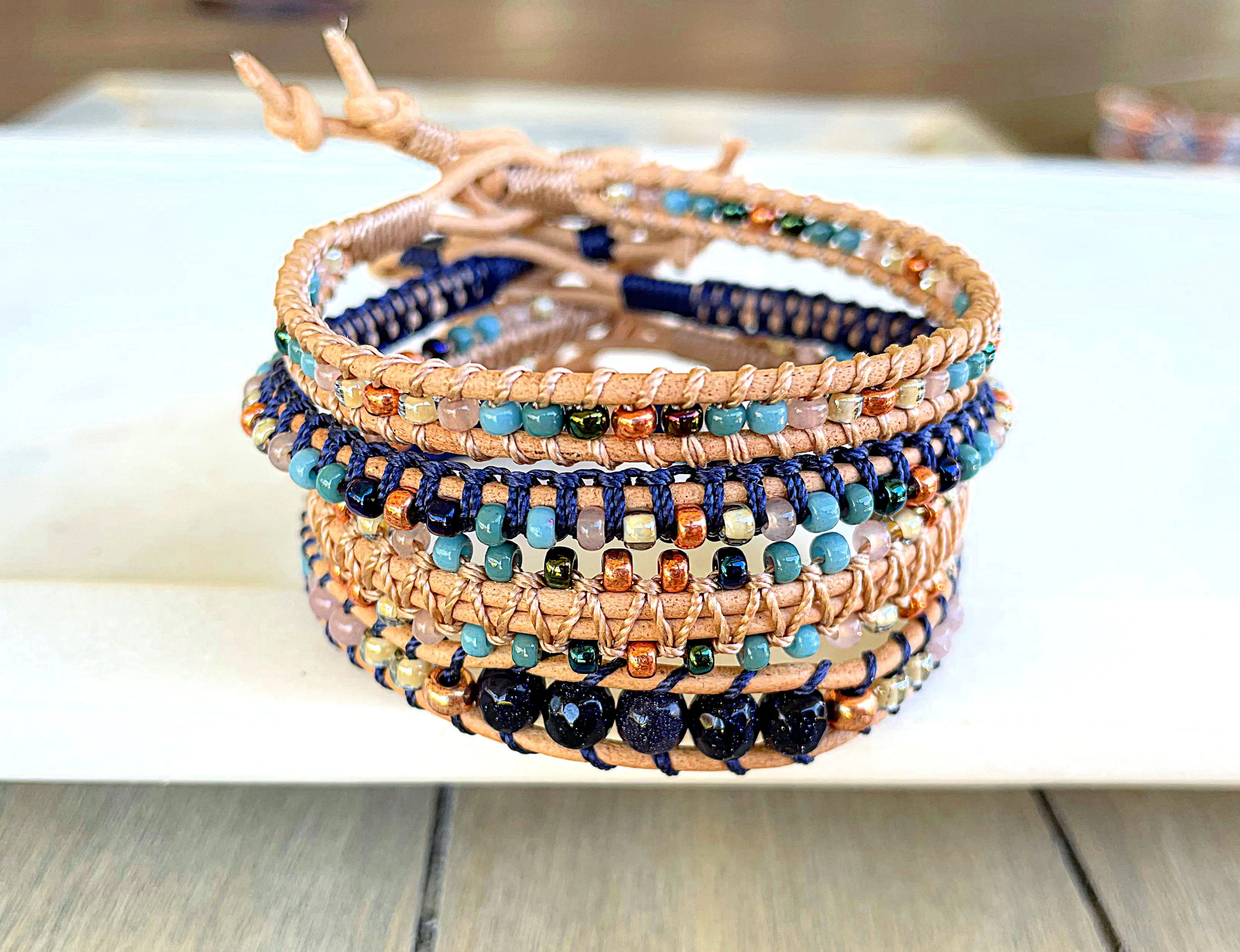 Tan, Rose Gold, and Blue Leather Beaded Macrame Bracelet