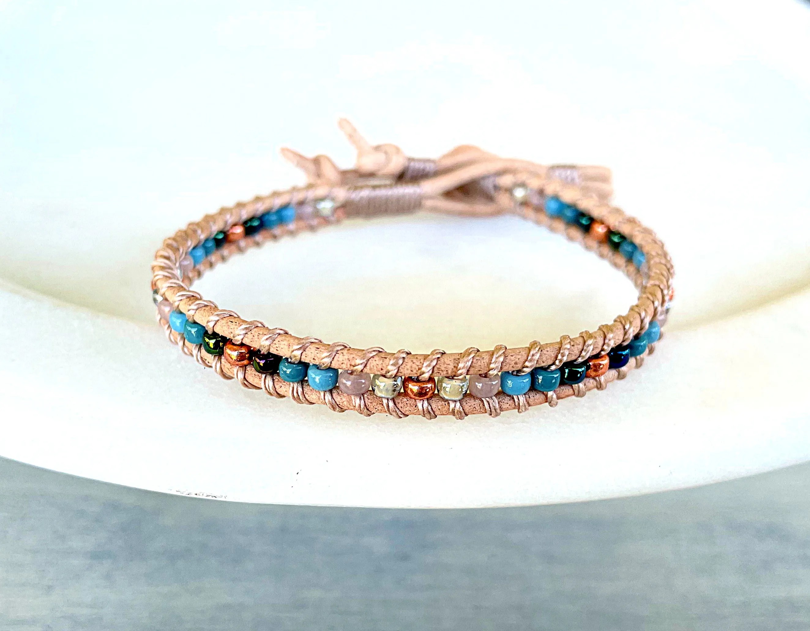 Tan, Rose Gold, and Blue Leather Beaded Macrame Bracelet