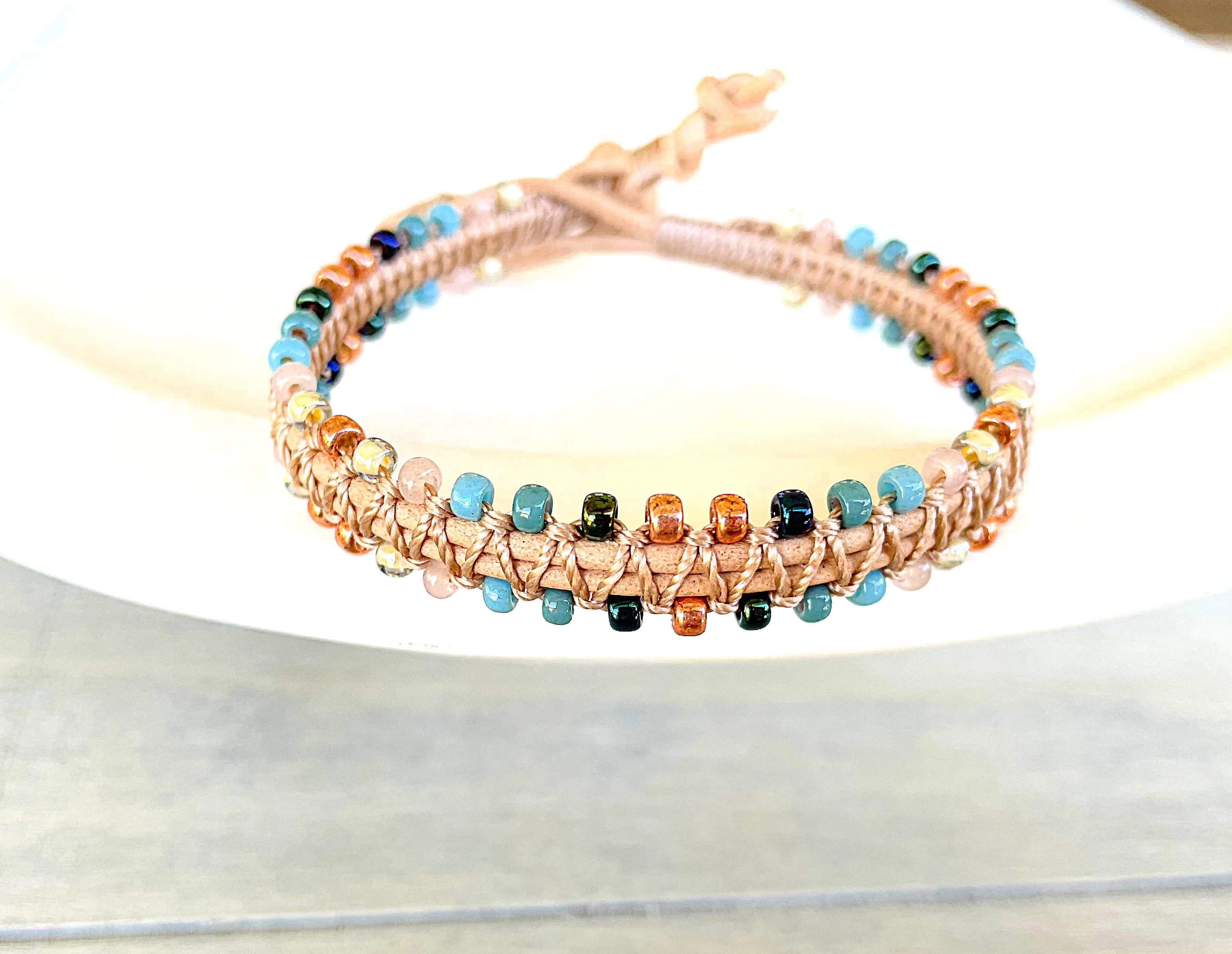 Tan, Rose Gold, and Blue Leather Beaded Macrame Bracelet