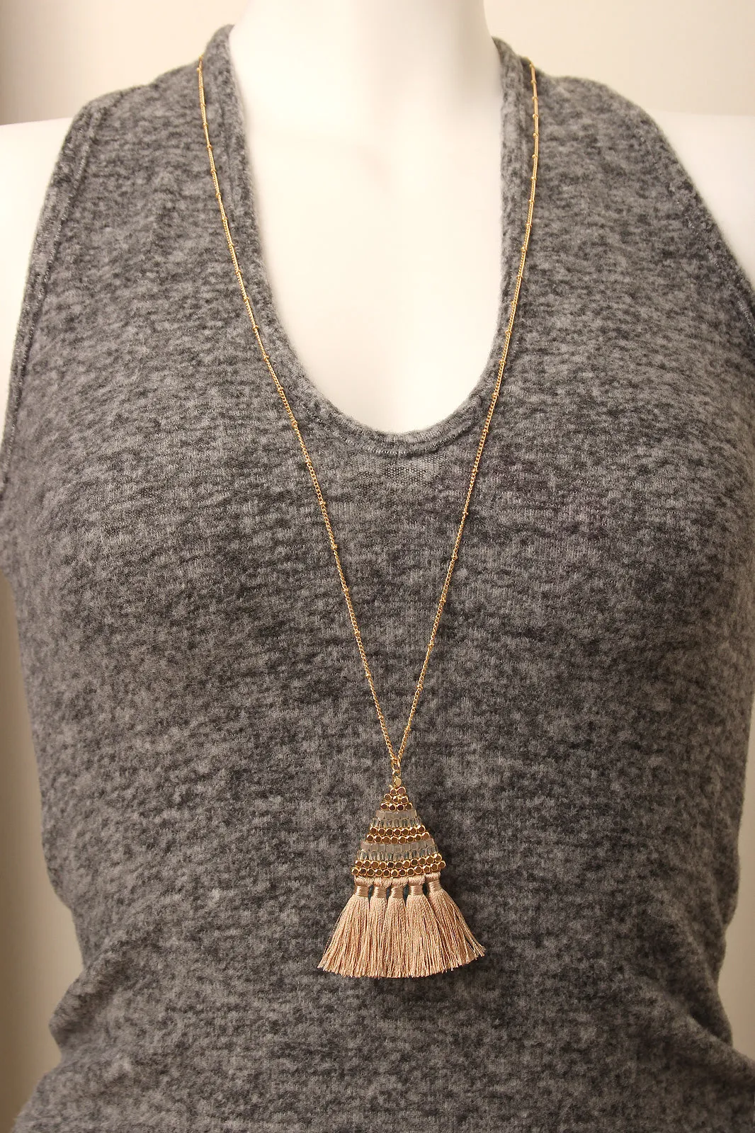 Tassel Fringe Beaded Triangle Long Chain Necklace