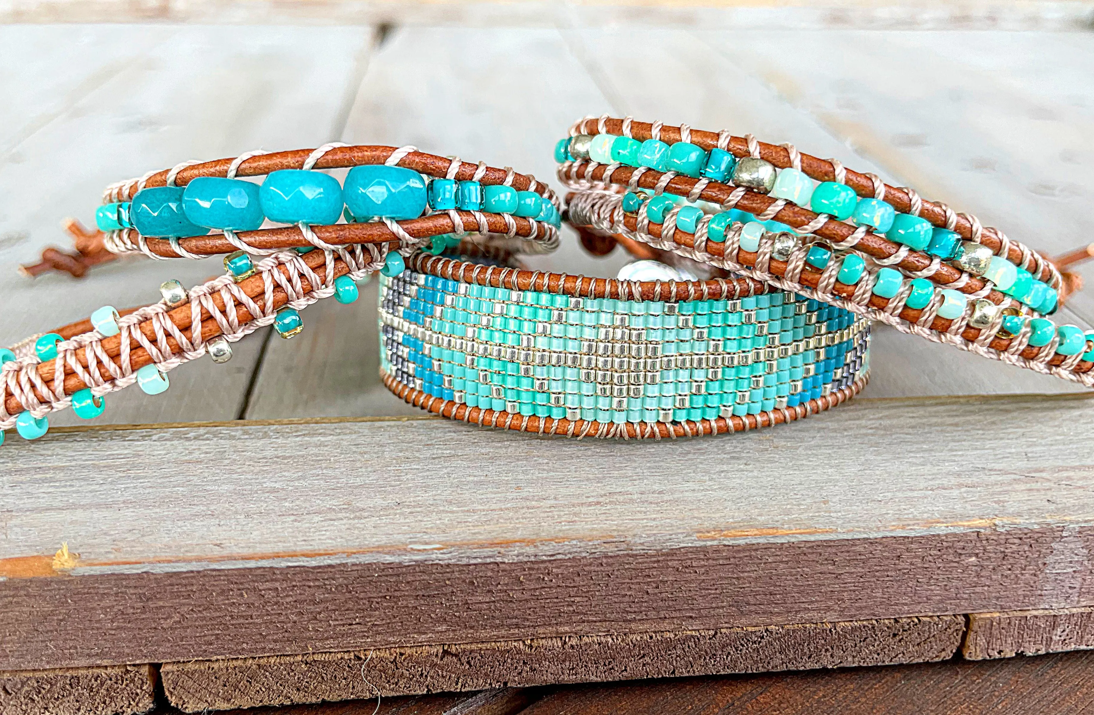 Teal and seafoam Leather Beaded Macrame Bracelet