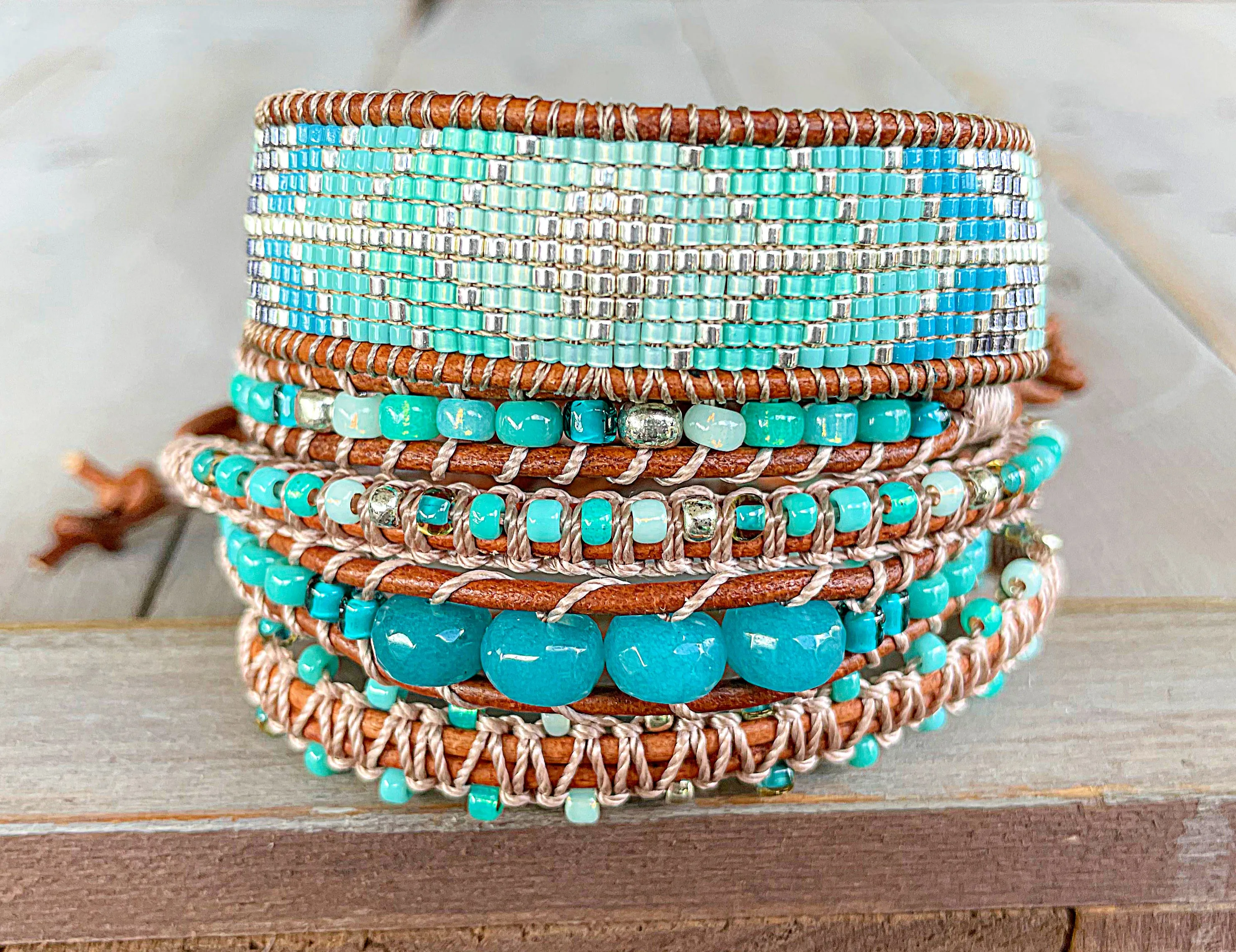 Teal and seafoam Leather Beaded Macrame Bracelet