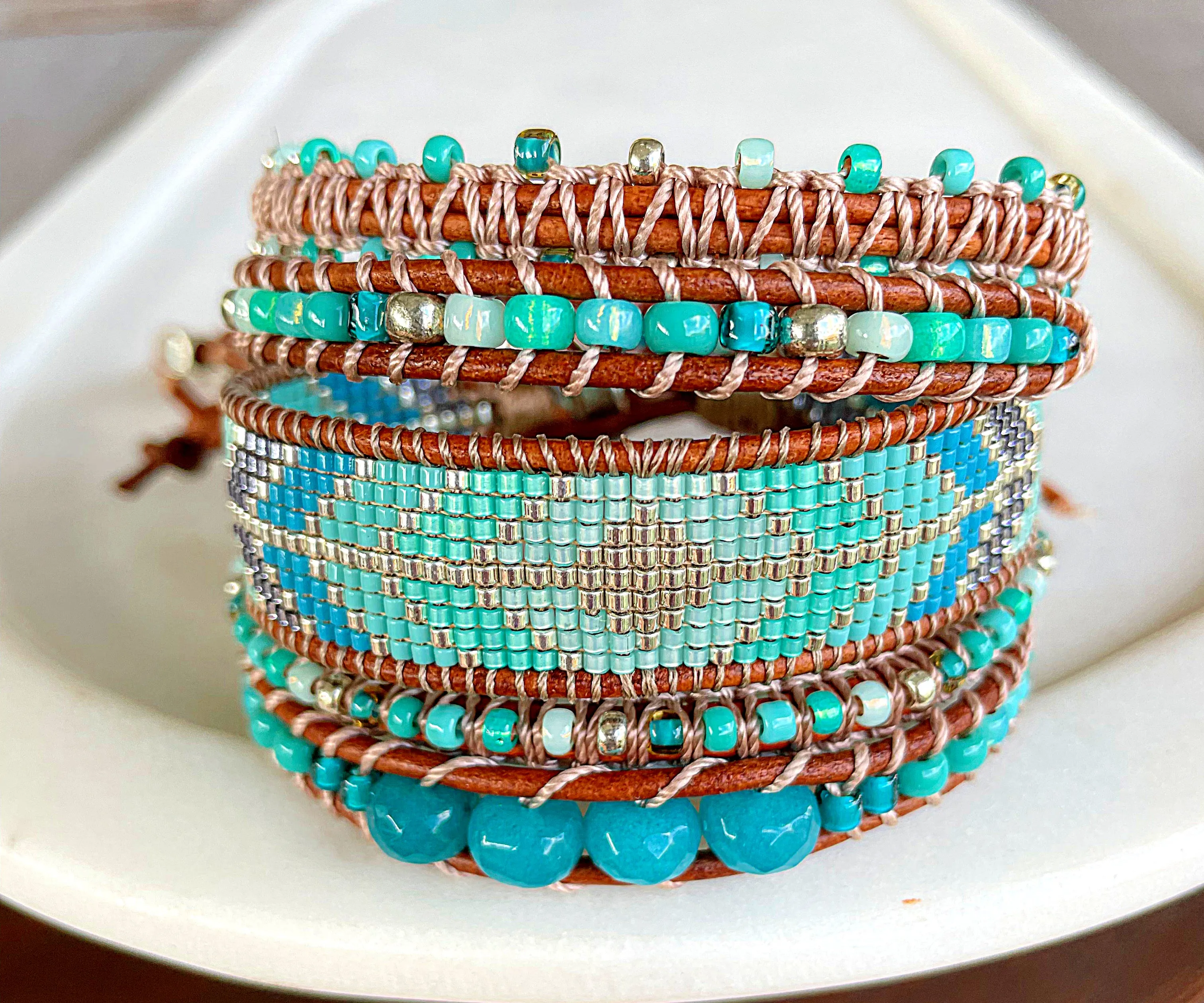 Teal and seafoam Leather Beaded Macrame Bracelet