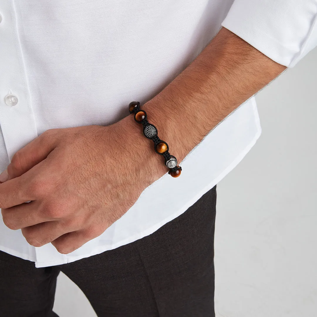 Tiger Eye Beaded Macrame Bracelet -Solid Silver