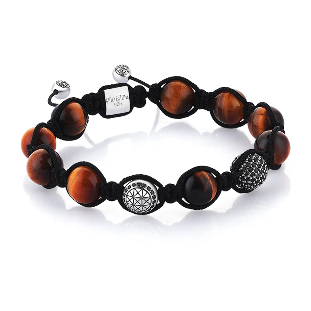 Tiger Eye Beaded Macrame Bracelet -Solid Silver