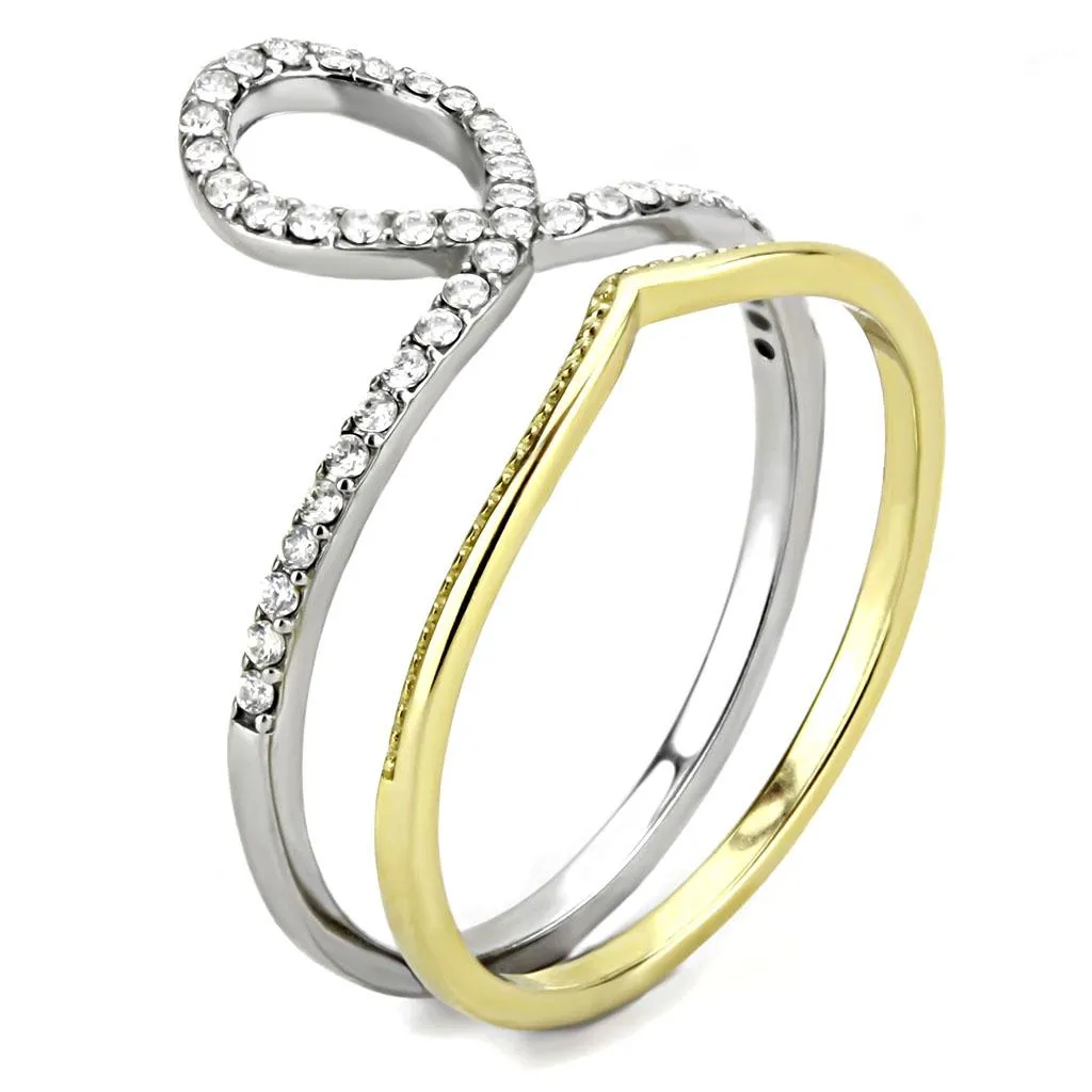 Two-Tone IP Gold (Ion Plating) Stainless Steel Ring with AAA Grade CZ in Clear for Women Style DA278