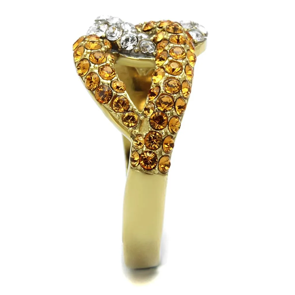 Two-Tone IP Gold (Ion Plating) Stainless Steel Ring with Top Grade Crystal in Topaz for Women Style TK2251