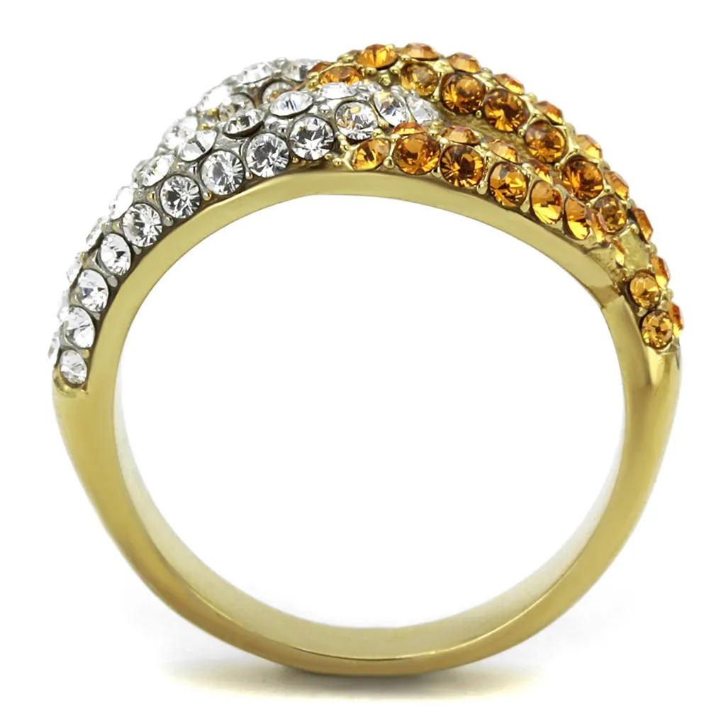 Two-Tone IP Gold (Ion Plating) Stainless Steel Ring with Top Grade Crystal in Topaz for Women Style TK2251