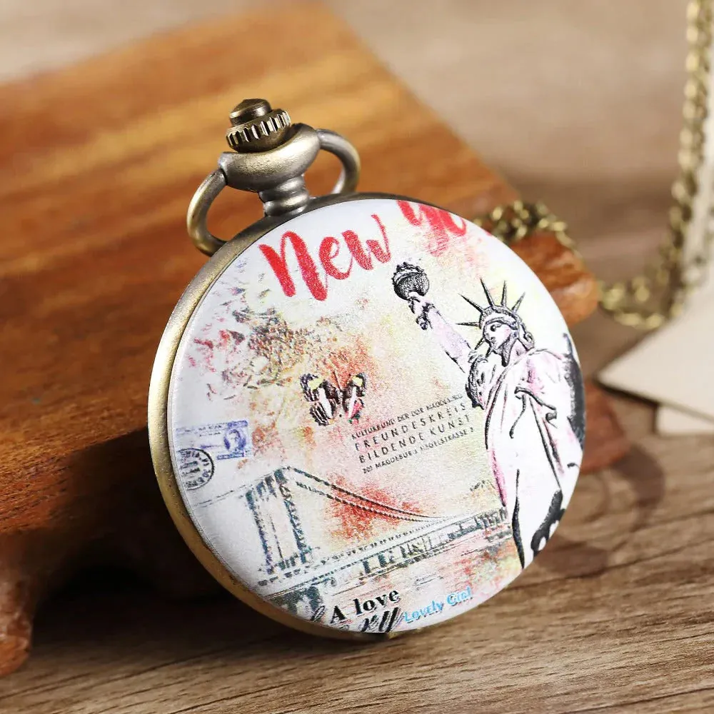 Unisex Antique Style Printed State Of Liberty Quartz Easy Read Pocket Watch