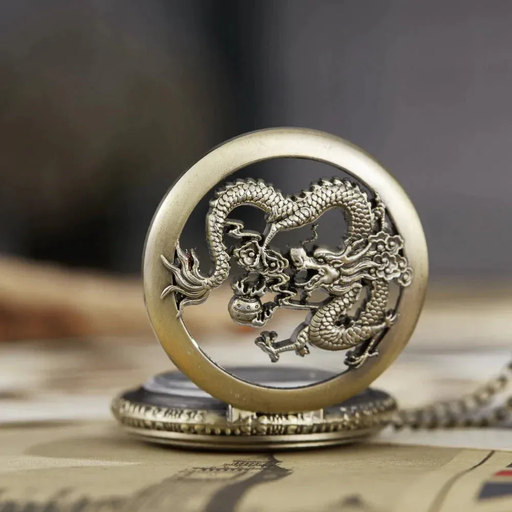 Unisex Classic Dragon and Phoenix Hollow Steampunk Quartz Pocket Watch