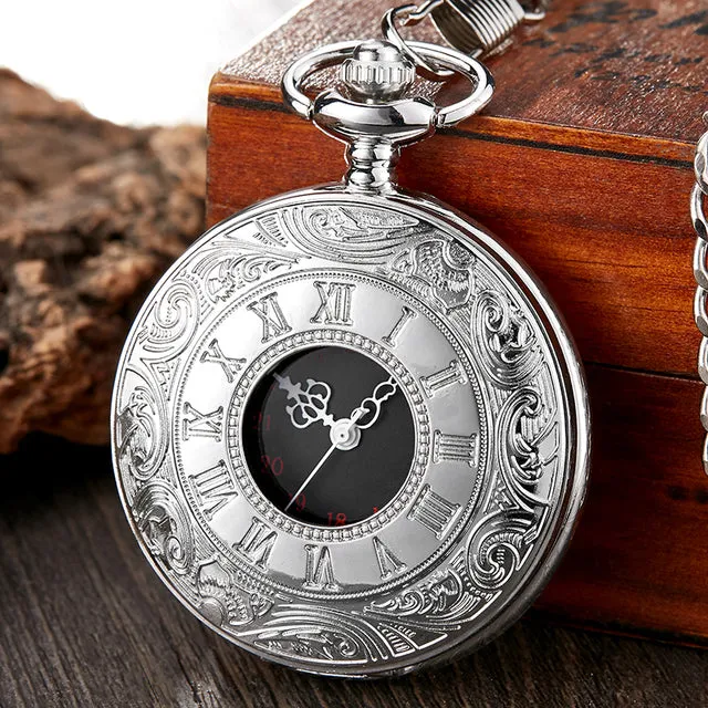 Unisex Retro Steampunk Silver Roman Numeral Quartz Pocket Watch