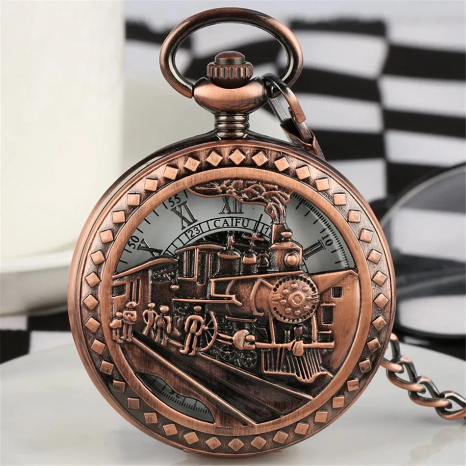 Vintage Mechanical Hand Pocket Watch with Train Pattern / Antique Clock Manual Mechanism Timepiece