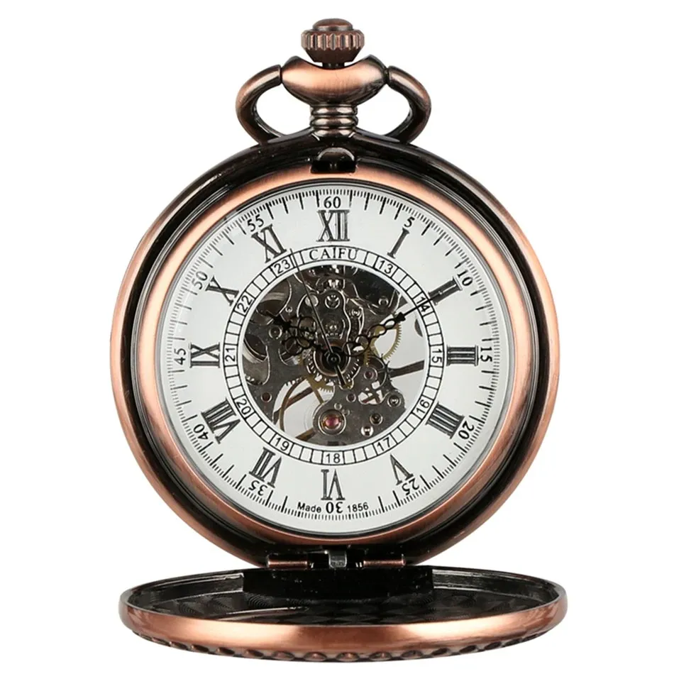 Vintage Mechanical Hand Pocket Watch with Train Pattern / Antique Clock Manual Mechanism Timepiece