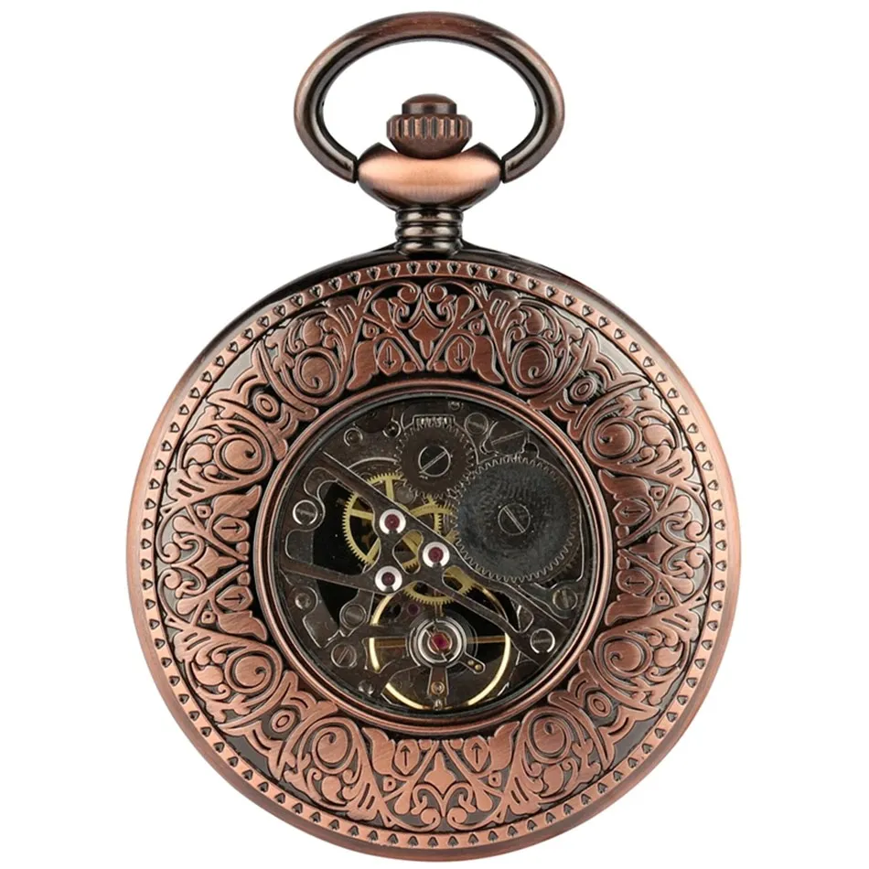 Vintage Mechanical Hand Pocket Watch with Train Pattern / Antique Clock Manual Mechanism Timepiece