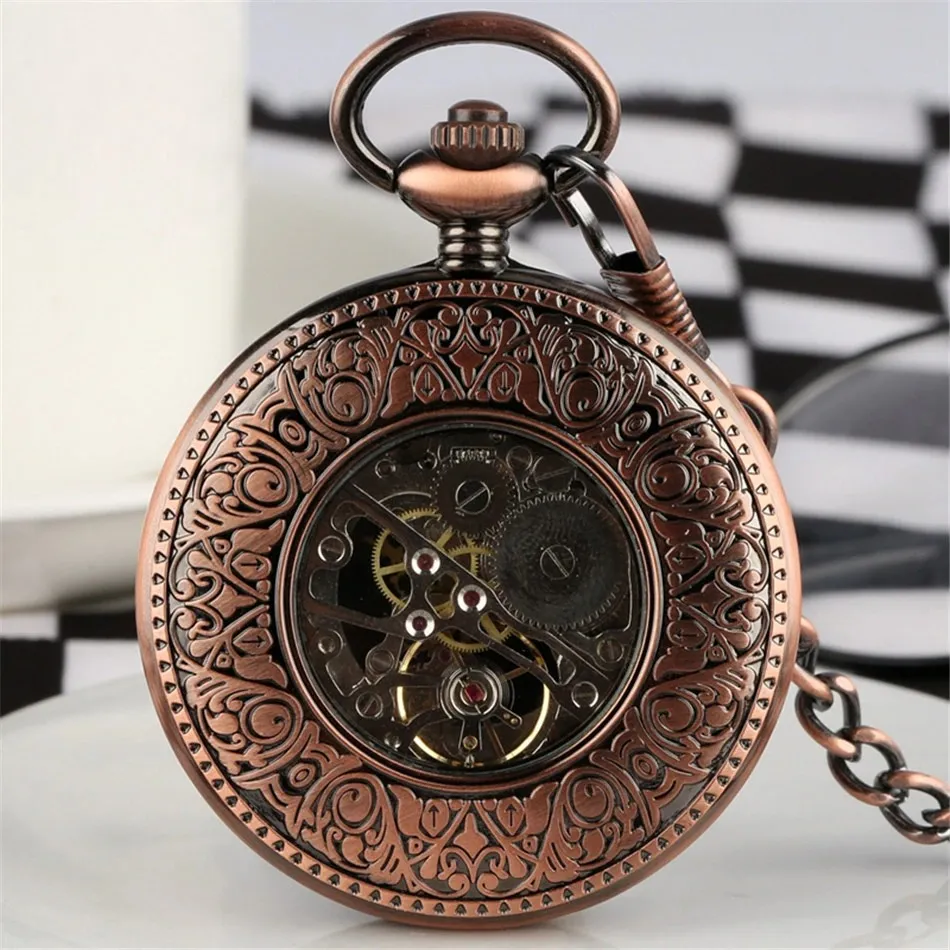 Vintage Mechanical Hand Pocket Watch with Train Pattern / Antique Clock Manual Mechanism Timepiece