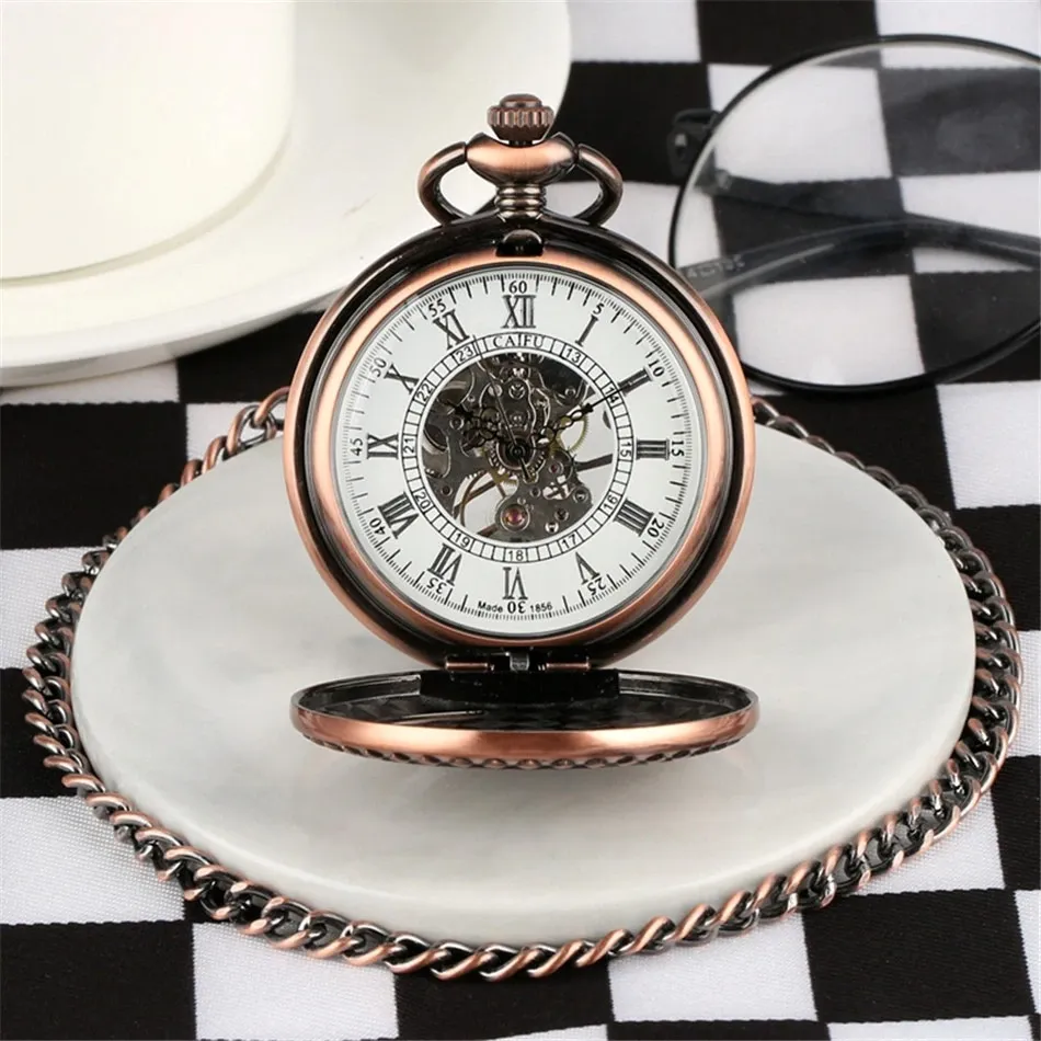 Vintage Mechanical Hand Pocket Watch with Train Pattern / Antique Clock Manual Mechanism Timepiece