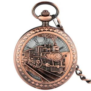 Vintage Mechanical Hand Pocket Watch with Train Pattern / Antique Clock Manual Mechanism Timepiece