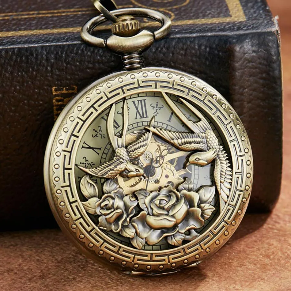 Vintage Unisex Lucky Birds Hollow Pendant Necklace Chain Pocket Watch