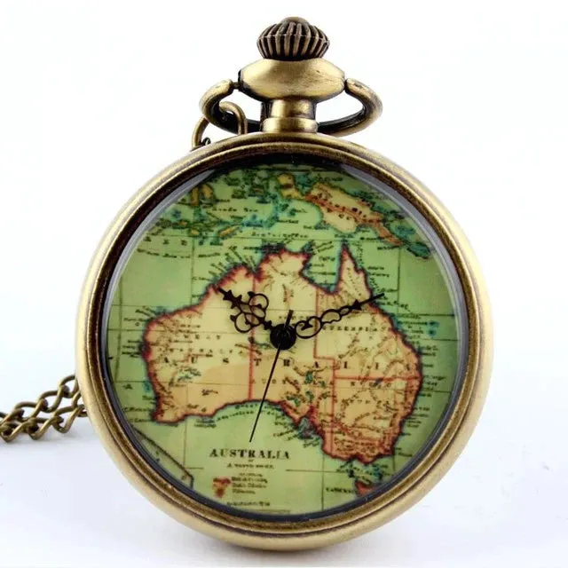 Vintage Unisex Stainless Steel Australia Map Pendant Quartz Pocket Watch