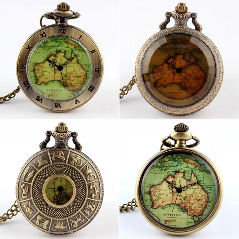 Vintage Unisex Stainless Steel Australia Map Pendant Quartz Pocket Watch