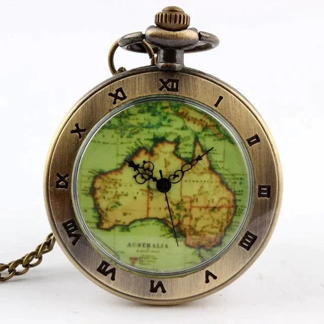 Vintage Unisex Stainless Steel Australia Map Pendant Quartz Pocket Watch