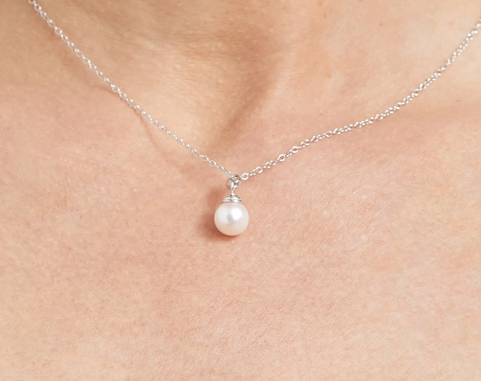 White Japanese Akoya Pearl Hope Pendant, 8.0-8.5mm - 14K Gold