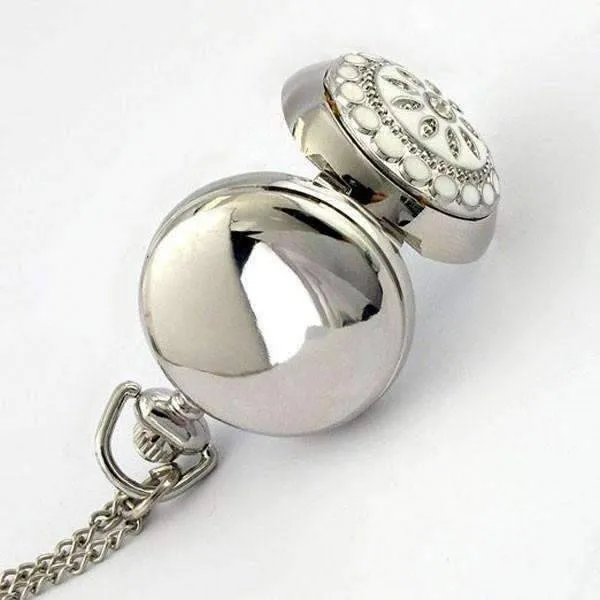 White Pearl Flower Vintage Style Mini Pocket Watch Necklace For Woman