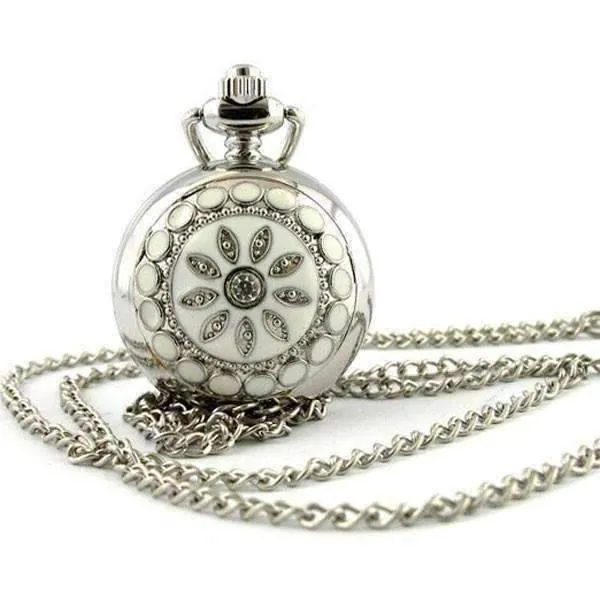 White Pearl Flower Vintage Style Mini Pocket Watch Necklace For Woman