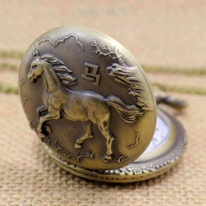 Wild Stallion Bronze Engraved Antique Style Pocket Watch Necklace