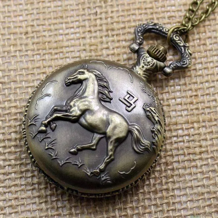 Wild Stallion Bronze Engraved Antique Style Pocket Watch Necklace