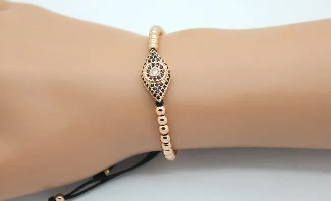 Women Bracelets,Micro Pave 18kt Rose Gold CZ Balls Evil Eye & 4mm Round Beads Braiding Macrame Bracelet For Men and Women