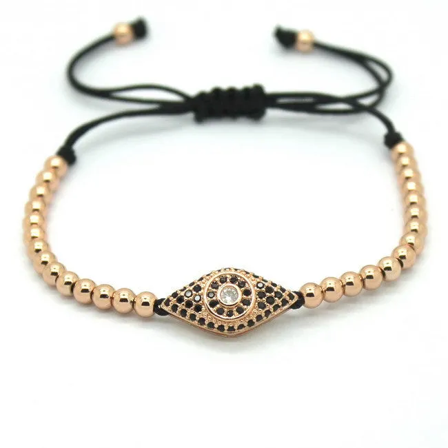 Women Bracelets,Micro Pave 18kt Rose Gold CZ Balls Evil Eye & 4mm Round Beads Braiding Macrame Bracelet For Men and Women